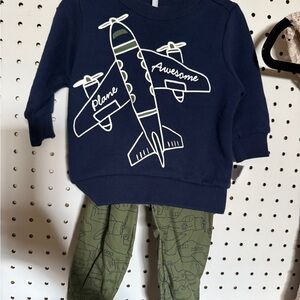 Navy Airplane Sweatshirt and Green Pants Set